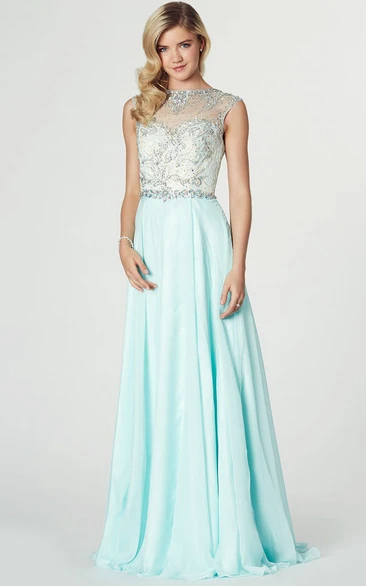 Chiffon Jewel Neck Sleeveless Prom Dress Maxi Length with Beading