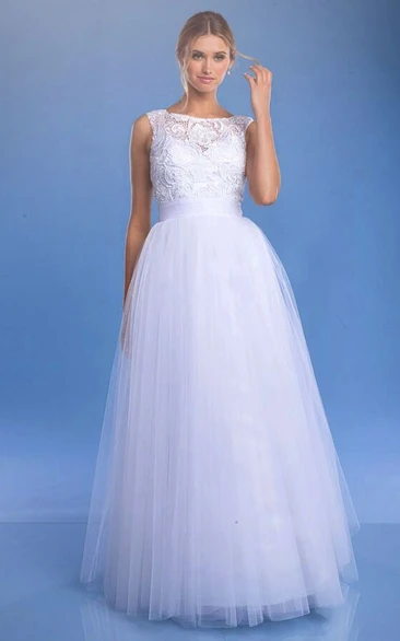 Tulle&Lace Bateau Wedding Dress with Keyhole Back A-Line Floor-Length Bridal Gown