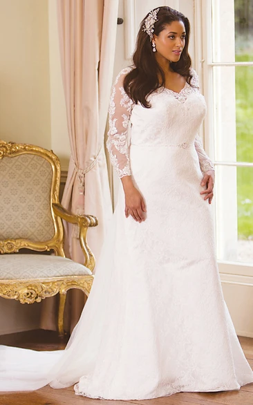 Plus Size Lace V-Neck Wedding Dress with Illusion Long-Sleeve