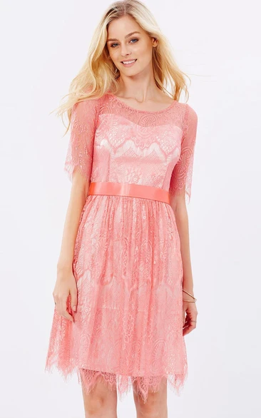 Lace Ribboned Bridesmaid Dress with Half Sleeves Short Length