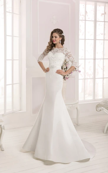 Crystal Detailing Mermaid Wedding Dress with Lace Top and Half Sleeves