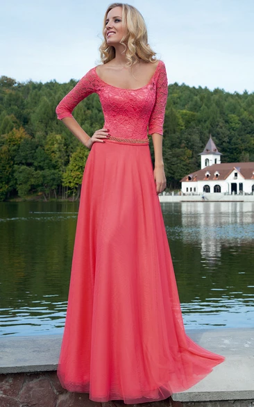 Maxi Lace Tulle Prom Dress Half-Sleeve & Sheath Style