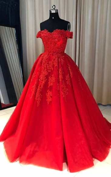 Off-Shoulder Lace Tulle Ball Gown Prom Dress with Cap Sleeves