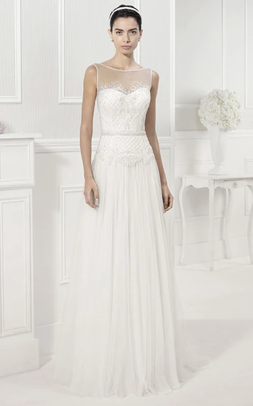 Sleeveless Bateau Neckline Pleated Tulle Bridal Gown with V-Back