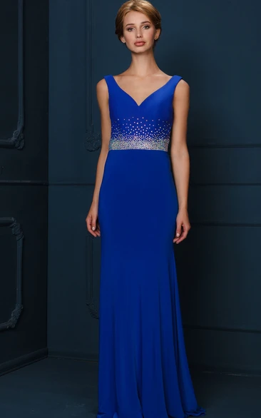 V-Neck Sleeveless Jersey Prom Dress with Beaded Detail and Floor-Length