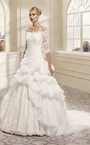 Off-The-Shoulder Organza A-Line Wedding Dress with Appliques and Tiers