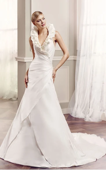 Ruffled Satin Wedding Dress with Backless Style and Side Draping A-Line V-Neck