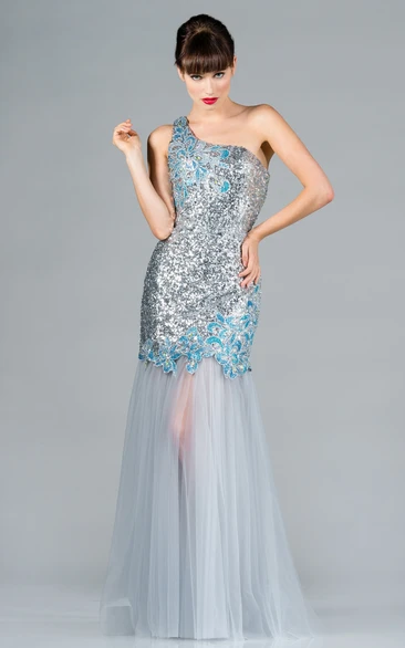 Sequin One-Shoulder Tulle Formal Dress with Pleats