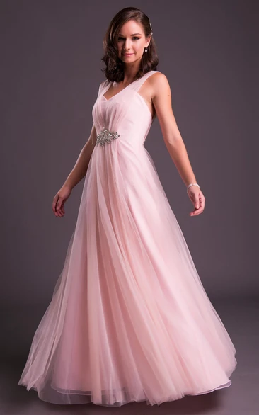 Jeweled Tulle V-Neck Prom Dress A-Line Floor-Length Sleeveless