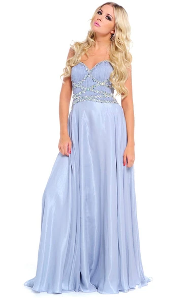 Chiffon Sleeveless Sweetheart Prom Dress Beaded with Ruching and Straps