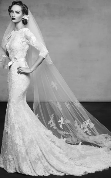 3/4 Sleeve Lace Wedding Dress with Court Train High Neck Floor-Length Modern