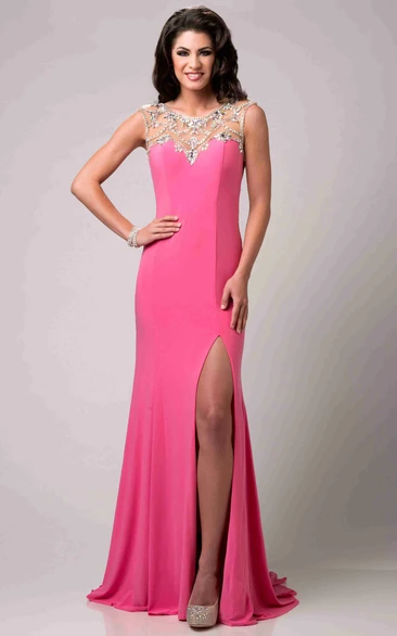 Satin Chiffon Cap Sleeve Prom Dress with Crystal Top Detail Elegant Prom Dress