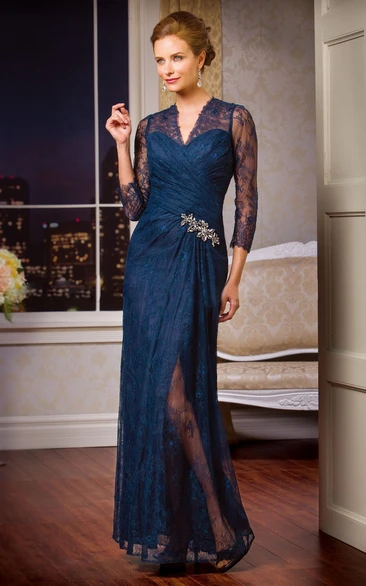 Crystal Illusion Style Mother Of The Bride Dress 3/4 Sleeves Elegant Flowy