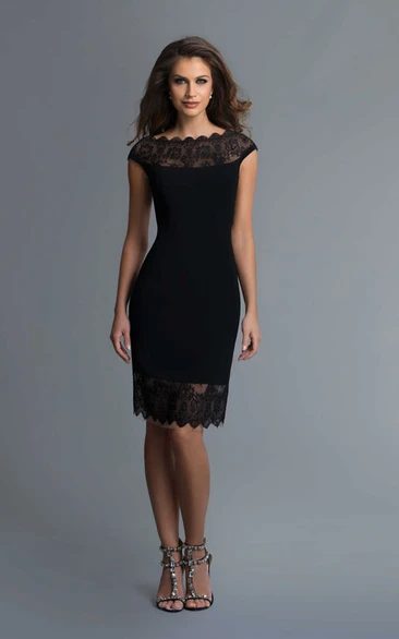 Knee-Length Lace Illusion Pencil Dress with Bateau Neckline in Jersey Fabric