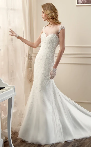 Long Lace Wedding Dress with Cap Sleeves Open Back and Court Train