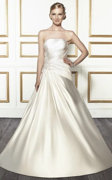 Jeweled Satin Wedding Dress with Draping and Corset Back Strapless Maxi  Style - BrideLuLu