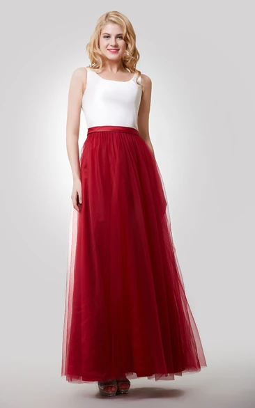 Color Block A-Line Tulle Bridesmaid Dress with Bateau Neck