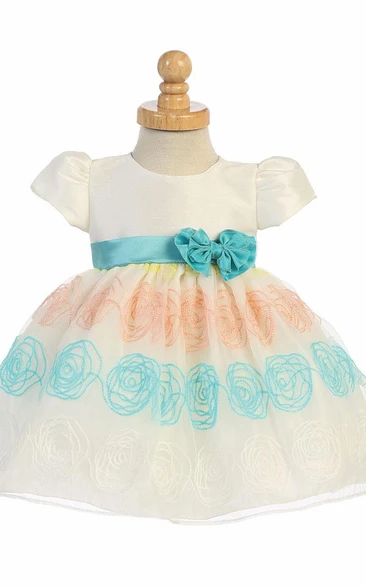 Floral Organza & Taffeta Flower Girl Dress with Embroidery and Ribbon Tea-Length