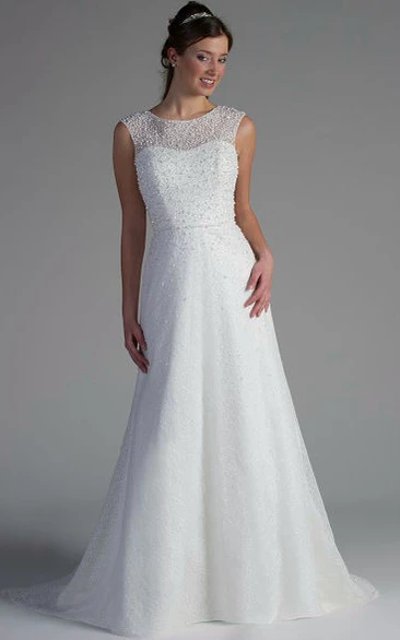 Scoop Neck Tulle Pearl Bridal Dress A-Line Wedding Dress