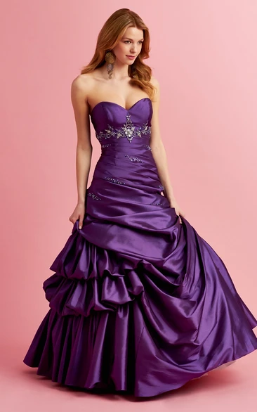 Long Sweetheart Satin Pick Up A-Line Formal Dress with Beading