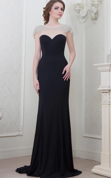 Cap Sleeve Chiffon Evening Dress with Bow + Floor-Length + Women