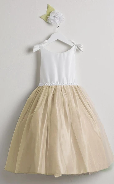 Sleeveless Tea-Length Tulle&Satin Flower Girl Dress Classy Bridesmaid Dress for Girls