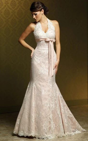 Lace V-Neck Wedding Dress with Bow and Pleats Sheath Floor-Length