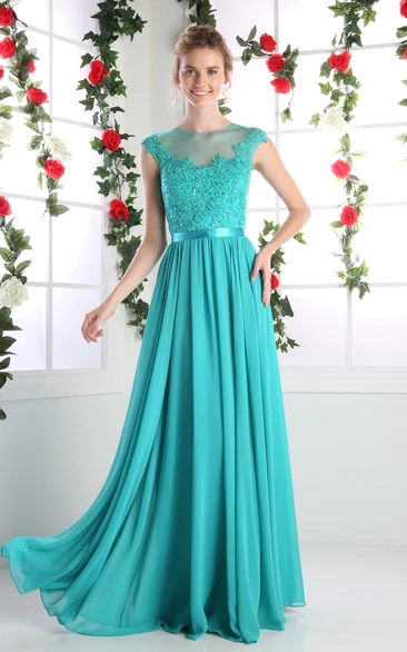 Cap-Sleeve Chiffon A-Line Formal Dress with Lace and Pleats