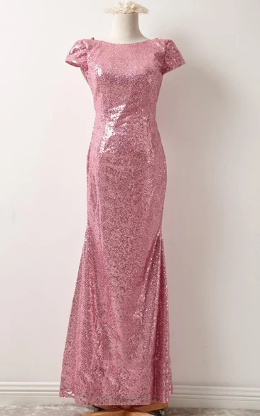 Classy Rose Gold Sequin Prom Dress Short Sleeve Bridesmaid Gown