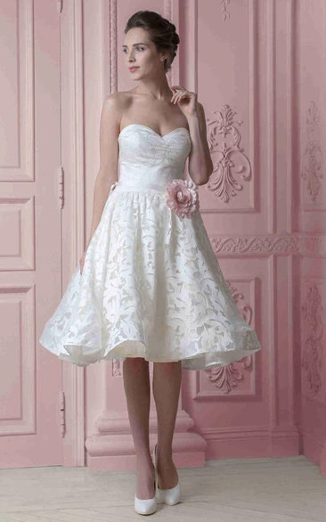 Knee-Length Floral Satin Wedding Dress with Ribbon and Corset Back Casual Wedding Dress for Women