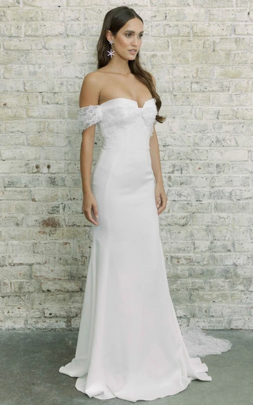 Satin Off-shoulder Sheath Floor-length Wedding Dress with Lace and Open Back