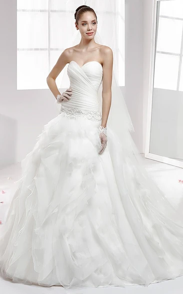 Beaded Wedding Dress with Cascading Ruffles and Pleated Bodice