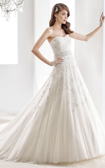 A-line Appliques Strapless Wedding Gown with Brush Train and Crystal Waist Simple Wedding Dress Women's Elegant