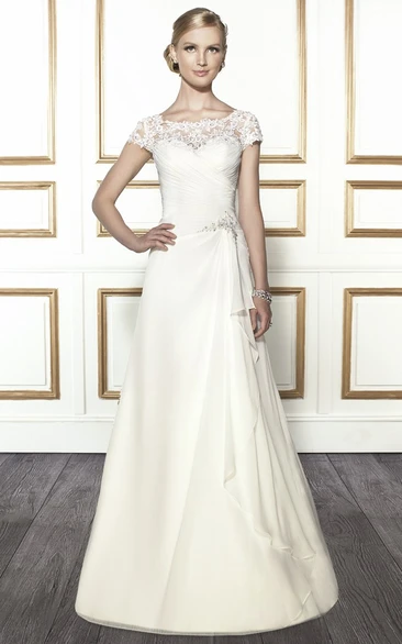 A-Line Cap-Sleeve Wedding Dress with Appliques Floor-Length Chiffon