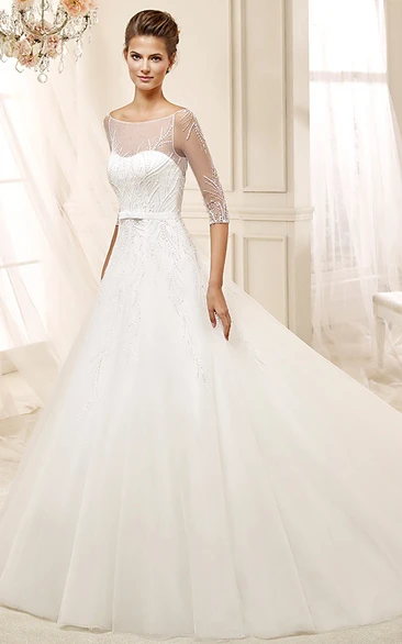 Illusive A-line Wedding Dress with Brush Train and Half Sleeves Modern Wedding Dress Women