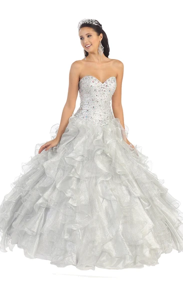 Lace-Up Organza Sweetheart Ball Gown Dress with Beading and Ruffles