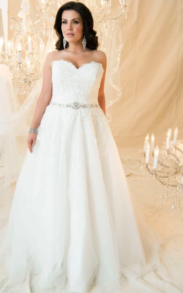 Jeweled Lace A-Line Plus Size Wedding Dress with Appliques and Corset Back Sweetheart Maxi