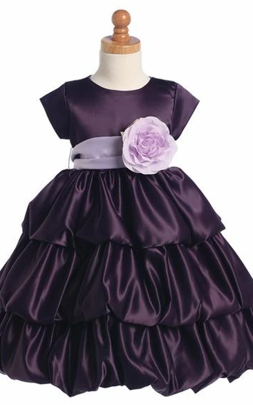 Satin Tiered Cap-Sleeve Flower Girl Dress Tea-Length