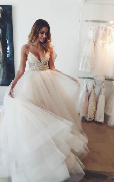 Spaghetti Strap Tulle Ball Gown Open Back Wedding Dress