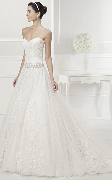 Lace Sweetheart Gown with Beaded Waist and Removable Jacket