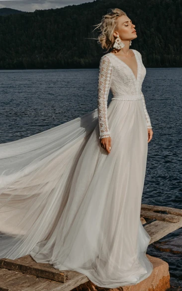 Bohemian Illusion Sleeve V-Neck Tulle Wedding Dress with Open Back Boho Wedding Dress