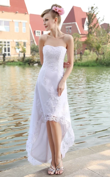 Strapless High-Low Organza Dress With Lace Appliques Gown