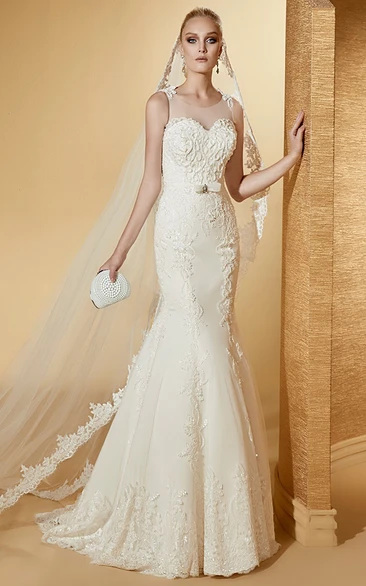 Jewel-Neck Mermaid Lace Gown with Cap Sleeves and Brush Train