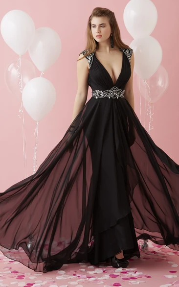 Chiffon V-Neck Cap-Sleeve Formal Dress with Beading and Waist Jewelry