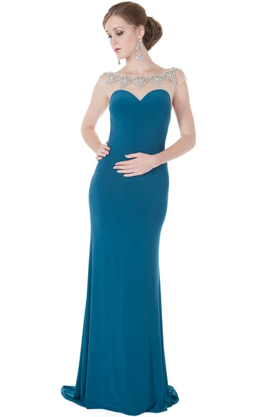 Sleeveless Beaded Bateau-Neck Sheath Evening Dress with Floor-Length Jersey