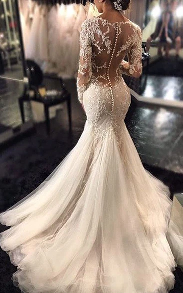 Lace Mermaid Wedding Dress with V-Neck and Long Sleeves