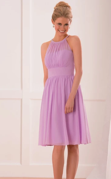 Knee-Length A-Line Bridesmaid Dress with Jeweled High Neck and Pleats