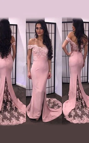 Off-the-Shoulder Trumpet Mermaid Lace Satin Dress with Sweep Brush Train