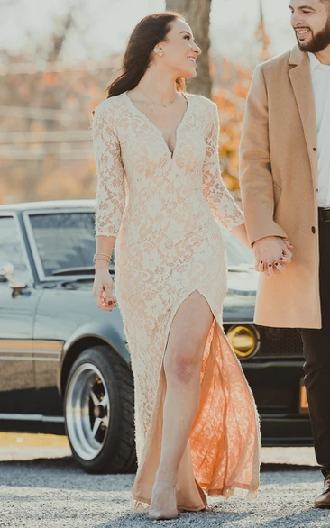 Sheath Lace Wedding Dress with V-Neckline Split Front and Deep-V Back