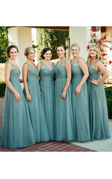 Elegant V-neck A-line Tulle Bridesmaid Dress with Pleats